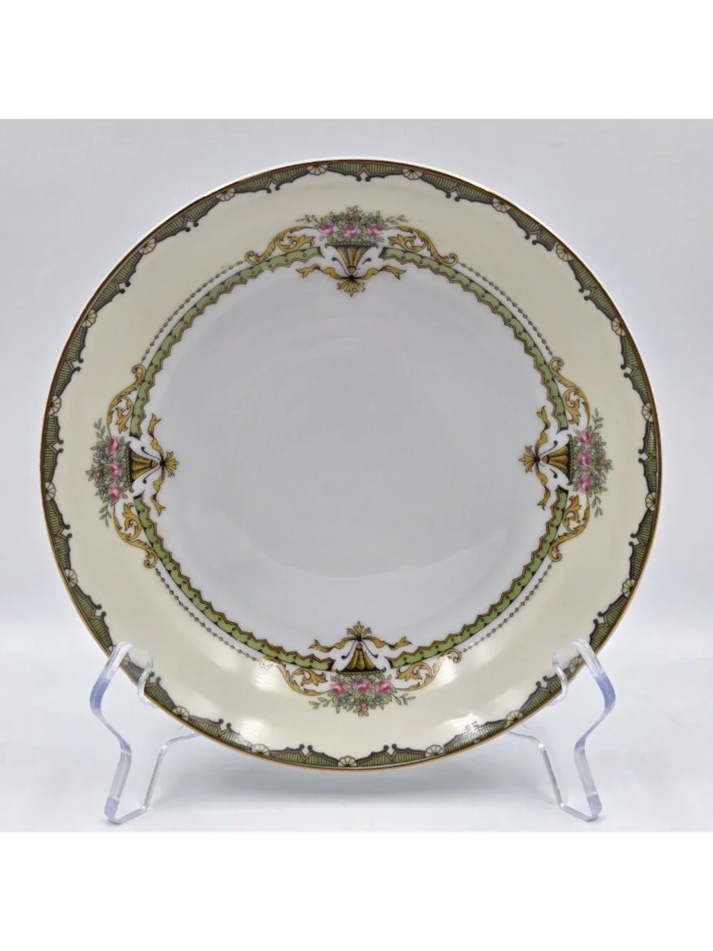 Noritake Penelope Set of 2 Coupe Soup Bowl Green Border Pink Roses Urn Gold Trim